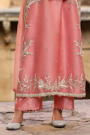Label Niti Bothra_Pink Silk, Organza, Tencel Embroidery, Pearls Round Neck Phool Patti Kurta Set _Online_at_Aza_Fashions