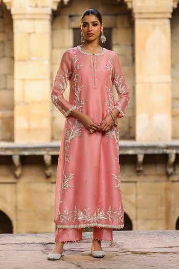Shop_Label Niti Bothra_Pink Silk, Organza, Tencel Embroidery, Pearls Round Neck Phool Patti Kurta Set _Online_at_Aza_Fashions