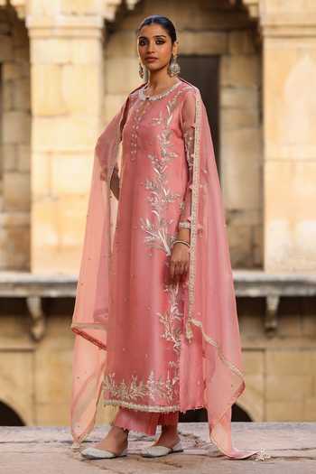Label Niti Bothra_Pink Silk, Organza, Tencel Embroidery, Pearls Round Neck Phool Patti Kurta Set _at_Aza_Fashions