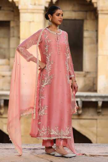 Buy_Label Niti Bothra_Pink Silk, Organza, Tencel Embroidery, Pearls Round Neck Phool Patti Kurta Set 