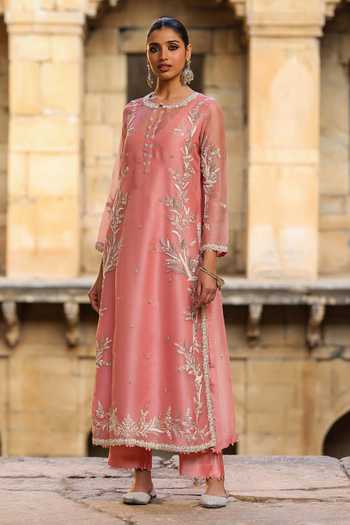Shop_Label Niti Bothra_Pink Silk, Organza, Tencel Embroidery, Pearls Round Neck Phool Patti Kurta Set 