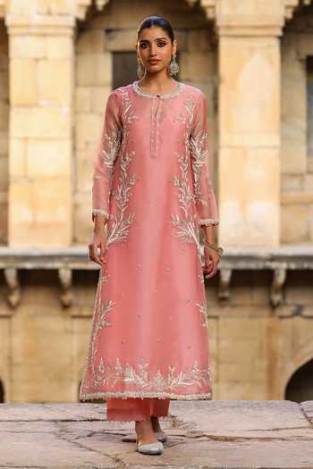 Label Niti Bothra_Pink Silk, Organza, Tencel Embroidery, Pearls Round Neck Phool Patti Kurta Set _Online