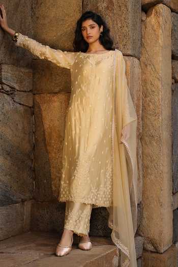 Label Niti Bothra_Beige Silk, Modal, Organza Pearls Round Neck Dori Embroidered Kurta Set _Online_at_Aza_Fashions