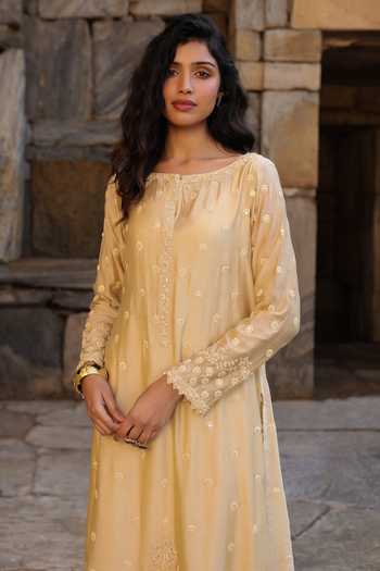 Buy_Label Niti Bothra_Beige Silk, Modal, Organza Pearls Round Neck Dori Embroidered Kurta Set _Online_at_Aza_Fashions