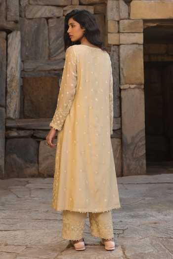 Shop_Label Niti Bothra_Beige Silk, Modal, Organza Pearls Round Neck Dori Embroidered Kurta Set _at_Aza_Fashions