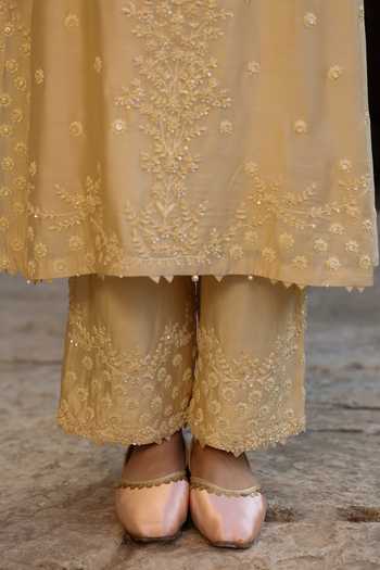 Shop_Label Niti Bothra_Beige Silk, Modal, Organza Pearls Round Neck Dori Embroidered Kurta Set _Online_at_Aza_Fashions