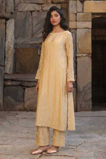 Label Niti Bothra_Beige Silk, Modal, Organza Pearls Round Neck Dori Embroidered Kurta Set _at_Aza_Fashions