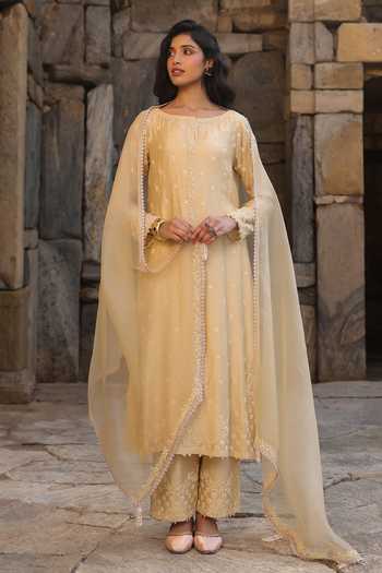Buy_Label Niti Bothra_Beige Silk, Modal, Organza Pearls Round Neck Dori Embroidered Kurta Set _at_Aza_Fashions