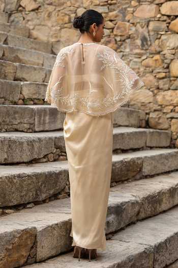 Shop_Label Niti Bothra_Beige Silk, Dupion, Organza Round Neck Zardozi Embroidered Cape Skirt Set _at_Aza_Fashions