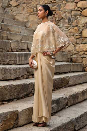 Label Niti Bothra_Beige Silk, Dupion, Organza Round Neck Zardozi Embroidered Cape Skirt Set _Online_at_Aza_Fashions