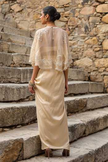 Buy_Label Niti Bothra_Beige Silk, Dupion, Organza Round Neck Zardozi Embroidered Cape Skirt Set _Online_at_Aza_Fashions