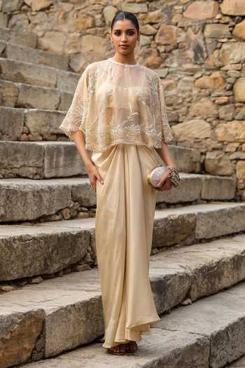 Buy_Label Niti Bothra_Beige Silk, Dupion, Organza Round Neck Zardozi Embroidered Cape Skirt Set _at_Aza_Fashions