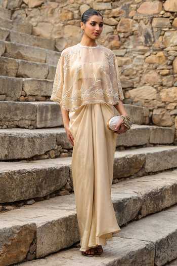 Shop_Label Niti Bothra_Beige Silk, Dupion, Organza Round Neck Zardozi Embroidered Cape Skirt Set _Online_at_Aza_Fashions