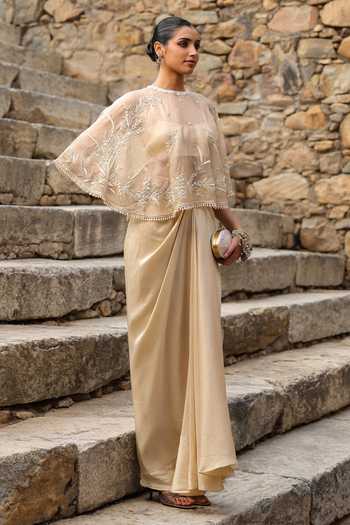 Label Niti Bothra_Beige Silk, Dupion, Organza Round Neck Zardozi Embroidered Cape Skirt Set _at_Aza_Fashions