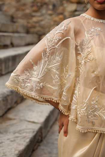 Buy_Label Niti Bothra_Beige Silk, Dupion, Organza Round Neck Zardozi Embroidered Cape Skirt Set 