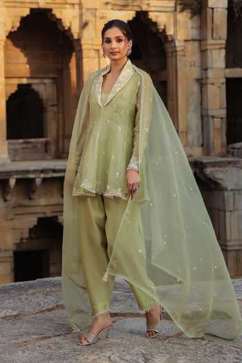 Buy_Label Niti Bothra_Green Silk, Organza, Tencel Pearls Shawl Neck, Yes Resham Embroidered Kurta Set _at_Aza_Fashions