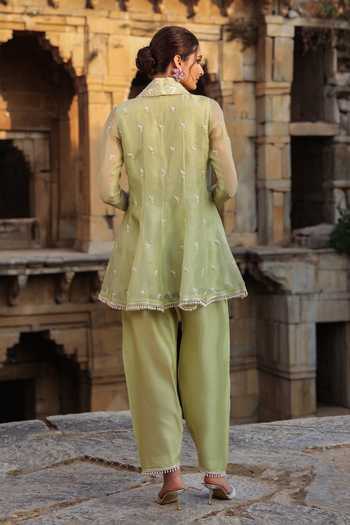 Shop_Label Niti Bothra_Green Silk, Organza, Tencel Pearls Shawl Neck, Yes Resham Embroidered Kurta Set _at_Aza_Fashions