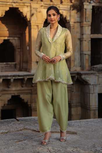 Label Niti Bothra_Green Silk, Organza, Tencel Pearls Shawl Neck, Yes Resham Embroidered Kurta Set _at_Aza_Fashions
