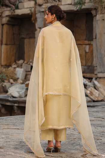Shop_Label Niti Bothra_Beige Silk, Organza, Tencel Embroidery, Pearls V-neck Resham Kurta And Pant Set _at_Aza_Fashions