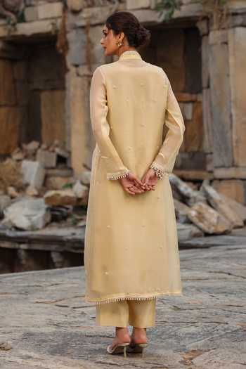 Label Niti Bothra_Beige Silk, Organza, Tencel Embroidery, Pearls V-neck Resham Kurta And Pant Set _Online_at_Aza_Fashions