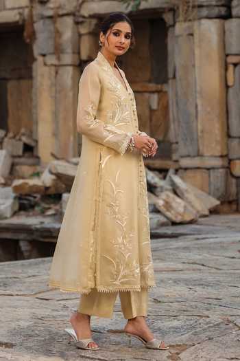 Buy_Label Niti Bothra_Beige Silk, Organza, Tencel Embroidery, Pearls V-neck Resham Kurta And Pant Set _Online_at_Aza_Fashions