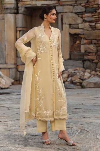 Shop_Label Niti Bothra_Beige Silk, Organza, Tencel Embroidery, Pearls V-neck Resham Kurta And Pant Set _Online_at_Aza_Fashions