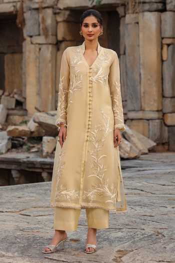 Label Niti Bothra_Beige Silk, Organza, Tencel Embroidery, Pearls V-neck Resham Kurta And Pant Set _at_Aza_Fashions