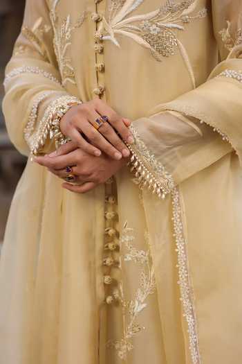 Shop_Label Niti Bothra_Beige Silk, Organza, Tencel Embroidery, Pearls V-neck Resham Kurta And Pant Set 