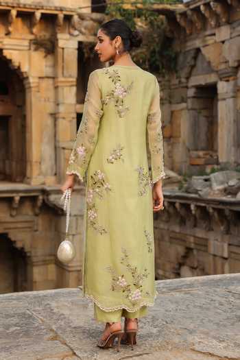 Shop_Label Niti Bothra_Green Silk, Organza, Tencel Pearls, Zari Round Floral Embroidered Kurta Set _at_Aza_Fashions