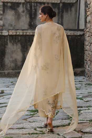 Shop_Label Niti Bothra_Beige Silk, Tencel, Organza Embroidery, Pearls, Zari Round Resham Kurta Set _at_Aza_Fashions
