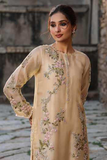 Buy_Label Niti Bothra_Beige Silk, Tencel, Organza Embroidery, Pearls, Zari Round Resham Kurta Set _Online_at_Aza_Fashions