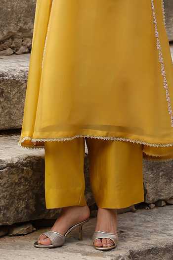 Label Niti Bothra_Yellow Silk, Tencel, Organza Embroidery, Pearls, Zari Split Resham Kurta Set _Online_at_Aza_Fashions