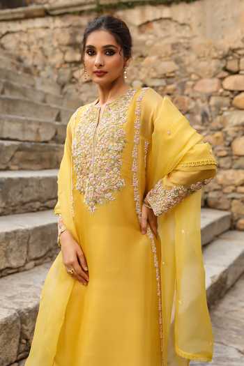 Buy_Label Niti Bothra_Yellow Silk, Tencel, Organza Embroidery, Pearls, Zari Split Resham Kurta Set _Online_at_Aza_Fashions