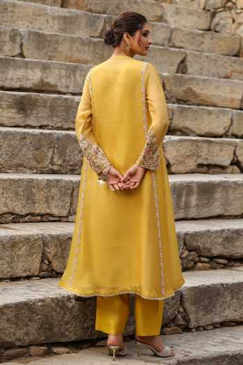 Shop_Label Niti Bothra_Yellow Silk, Tencel, Organza Embroidery, Pearls, Zari Split Resham Kurta Set _at_Aza_Fashions