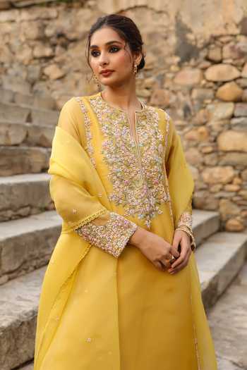 Shop_Label Niti Bothra_Yellow Silk, Tencel, Organza Embroidery, Pearls, Zari Split Resham Kurta Set _Online_at_Aza_Fashions