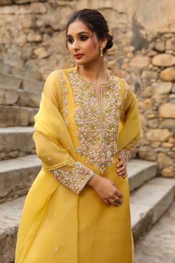 Label Niti Bothra_Yellow Silk, Tencel, Organza Embroidery, Pearls, Zari Split Resham Kurta Set _at_Aza_Fashions