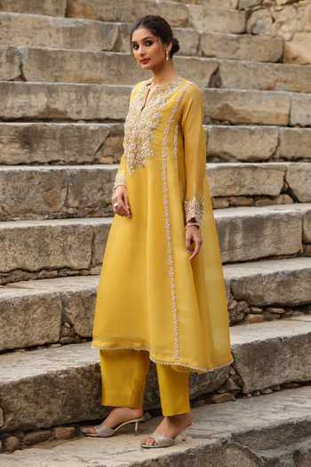 Buy_Label Niti Bothra_Yellow Silk, Tencel, Organza Embroidery, Pearls, Zari Split Resham Kurta Set 