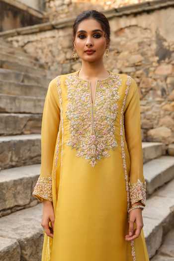 Shop_Label Niti Bothra_Yellow Silk, Tencel, Organza Embroidery, Pearls, Zari Split Resham Kurta Set 