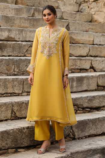 Label Niti Bothra_Yellow Silk, Tencel, Organza Embroidery, Pearls, Zari Split Resham Kurta Set _Online