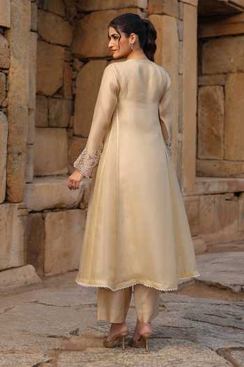 Shop_Label Niti Bothra_Beige Silk, Tencel Embroidery, Pearls, Zari Round Neck Zardozi Kurta And Pant Set _at_Aza_Fashions