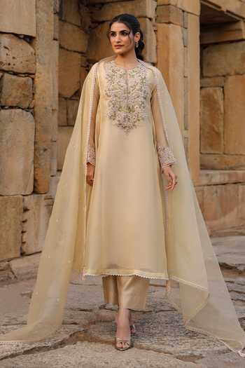 Buy_Label Niti Bothra_Beige Silk, Tencel Embroidery, Pearls, Zari Round Neck Zardozi Kurta And Pant Set _at_Aza_Fashions
