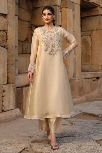 Buy_Label Niti Bothra_Beige Silk, Tencel Embroidery, Pearls, Zari Round Neck Zardozi Kurta And Pant Set _Online_at_Aza_Fashions