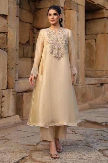 Shop_Label Niti Bothra_Beige Silk, Tencel Embroidery, Pearls, Zari Round Neck Zardozi Kurta And Pant Set _Online_at_Aza_Fashions