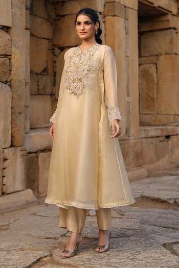 Label Niti Bothra_Beige Silk, Tencel Embroidery, Pearls, Zari Round Neck Zardozi Kurta And Pant Set _at_Aza_Fashions