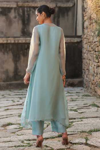Shop_Label Niti Bothra_Blue Silk, Organza, Tencel Embroidery, Pearls Keyhole Neck Resham Work Kurta Set _at_Aza_Fashions
