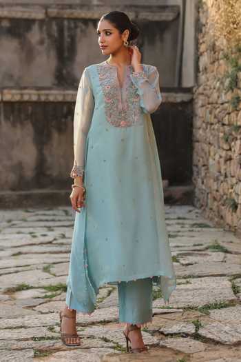 Shop_Label Niti Bothra_Blue Silk, Organza, Tencel Embroidery, Pearls Keyhole Neck Resham Work Kurta Set _Online_at_Aza_Fashions