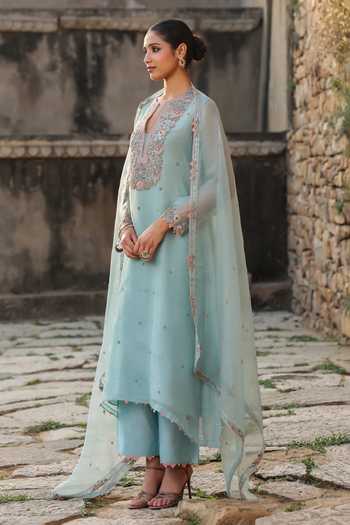 Label Niti Bothra_Blue Silk, Organza, Tencel Embroidery, Pearls Keyhole Neck Resham Work Kurta Set _Online