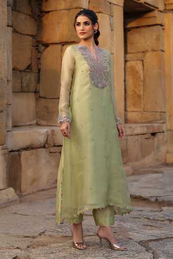 Label Niti Bothra_Green Silk, Organza, Tencel Pearls, Zari, Embroidery Split Kurta And Pant Set _Online_at_Aza_Fashions