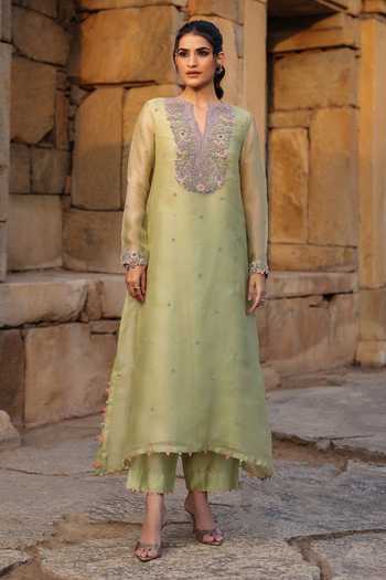 Shop_Label Niti Bothra_Green Silk, Organza, Tencel Pearls, Zari, Embroidery Split Kurta And Pant Set _Online_at_Aza_Fashions