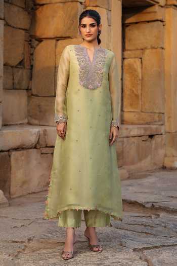 Label Niti Bothra_Green Silk, Organza, Tencel Pearls, Zari, Embroidery Split Kurta And Pant Set _at_Aza_Fashions